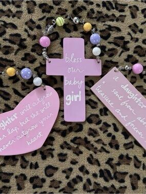 Baby Girl Pink Cross Hanging Ornament with Pastel Beads